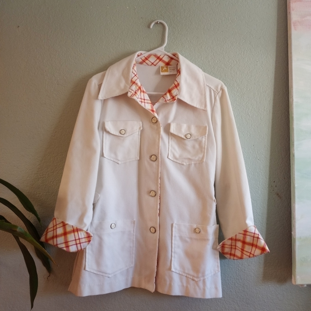 Vintage 70s White Stag Wide Lapel White Retro Canvas Jacket Plaid Contrast Cuffs
